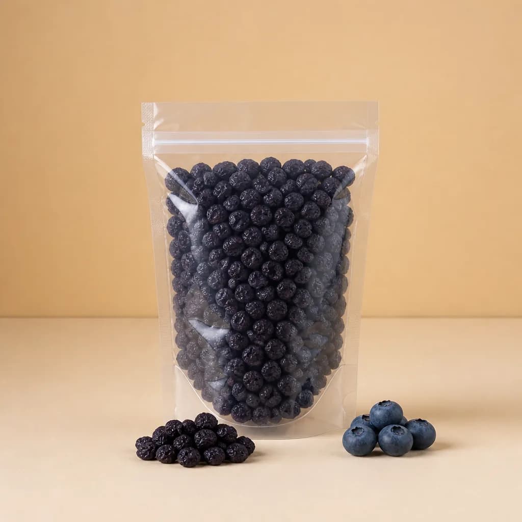 Afine întregi liofilizate, punga de 50 g lângă fructul proaspăt, ca să se vadă cât înseamnă