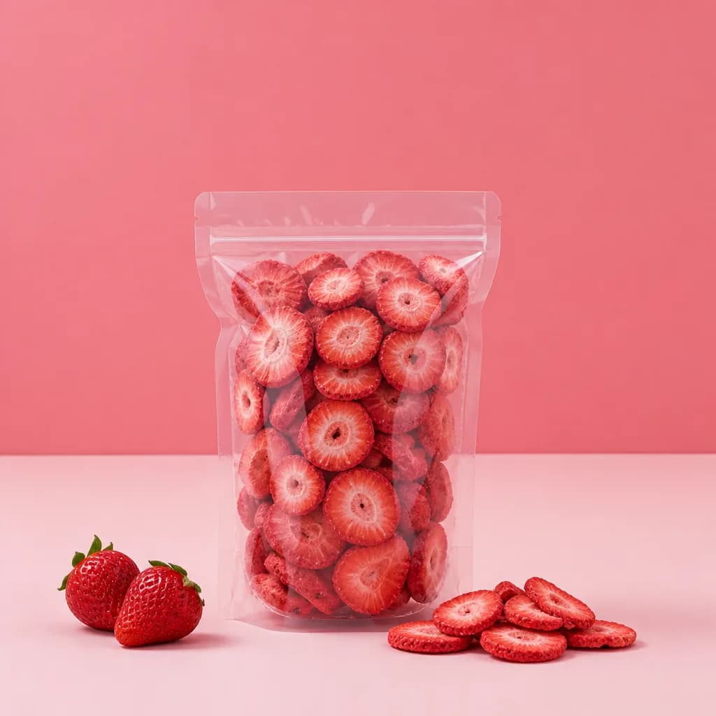 Căpșuni felii liofilizate, punga de 50 g lângă fructul proaspăt, ca să se vadă cât înseamnă
