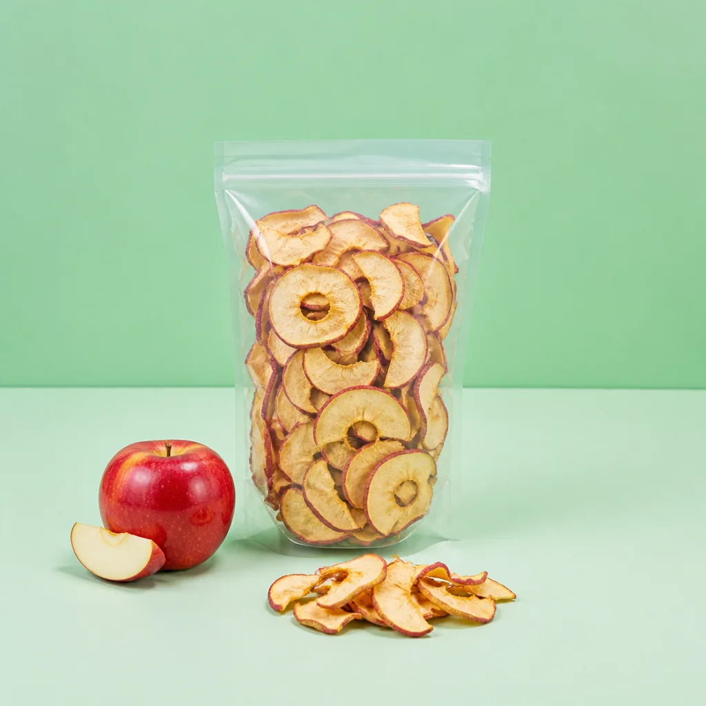Mere felii, punga de 500 g lângă fructul proaspăt, ca să se vadă cât înseamnă
