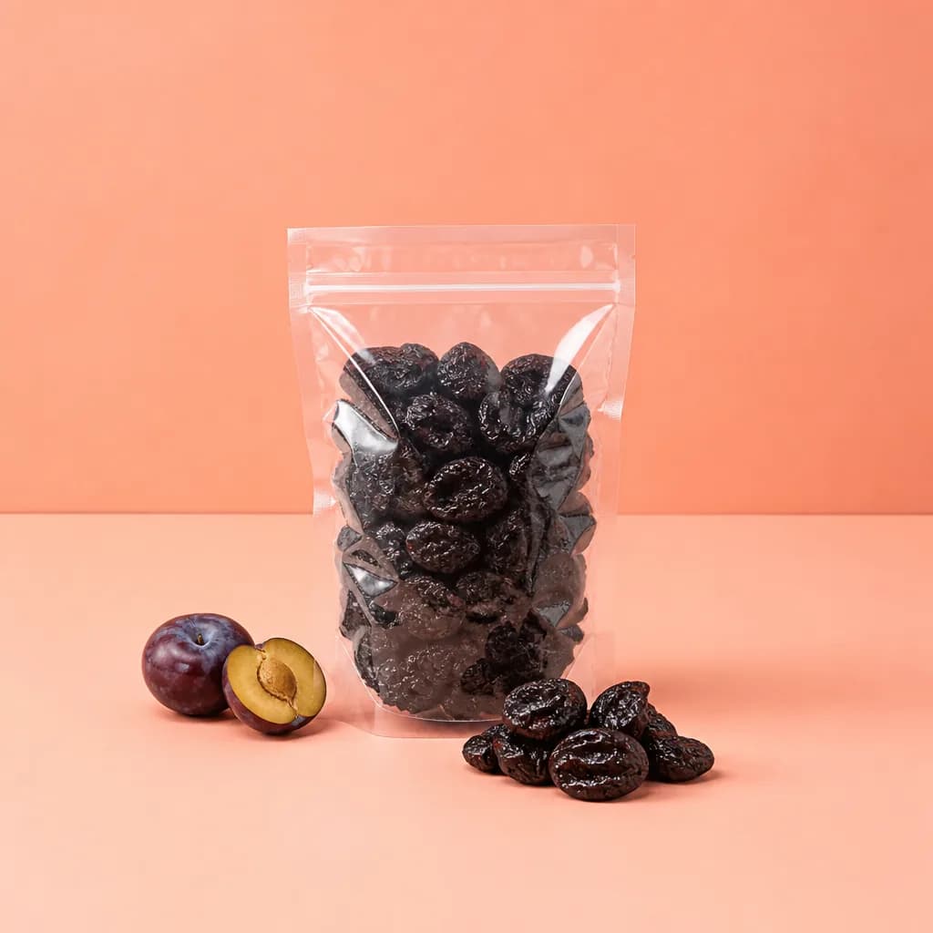 Prune fără sâmburi, punga de 500 g lângă fructul proaspăt, ca să se vadă cât înseamnă