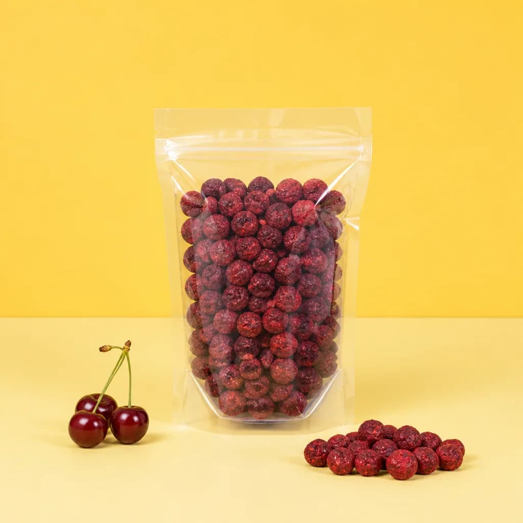 Vișine întregi liofilizate, punga de 50 g lângă fructul proaspăt, ca să se vadă cât înseamnă
