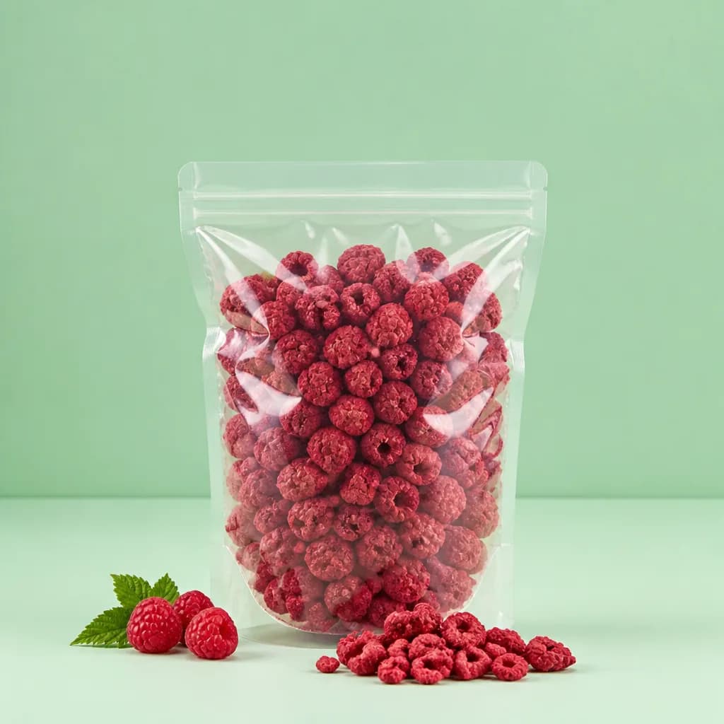 Zmeură întreagă liofilizată, punga de 50 g lângă fructul proaspăt, ca să se vadă cât înseamnă