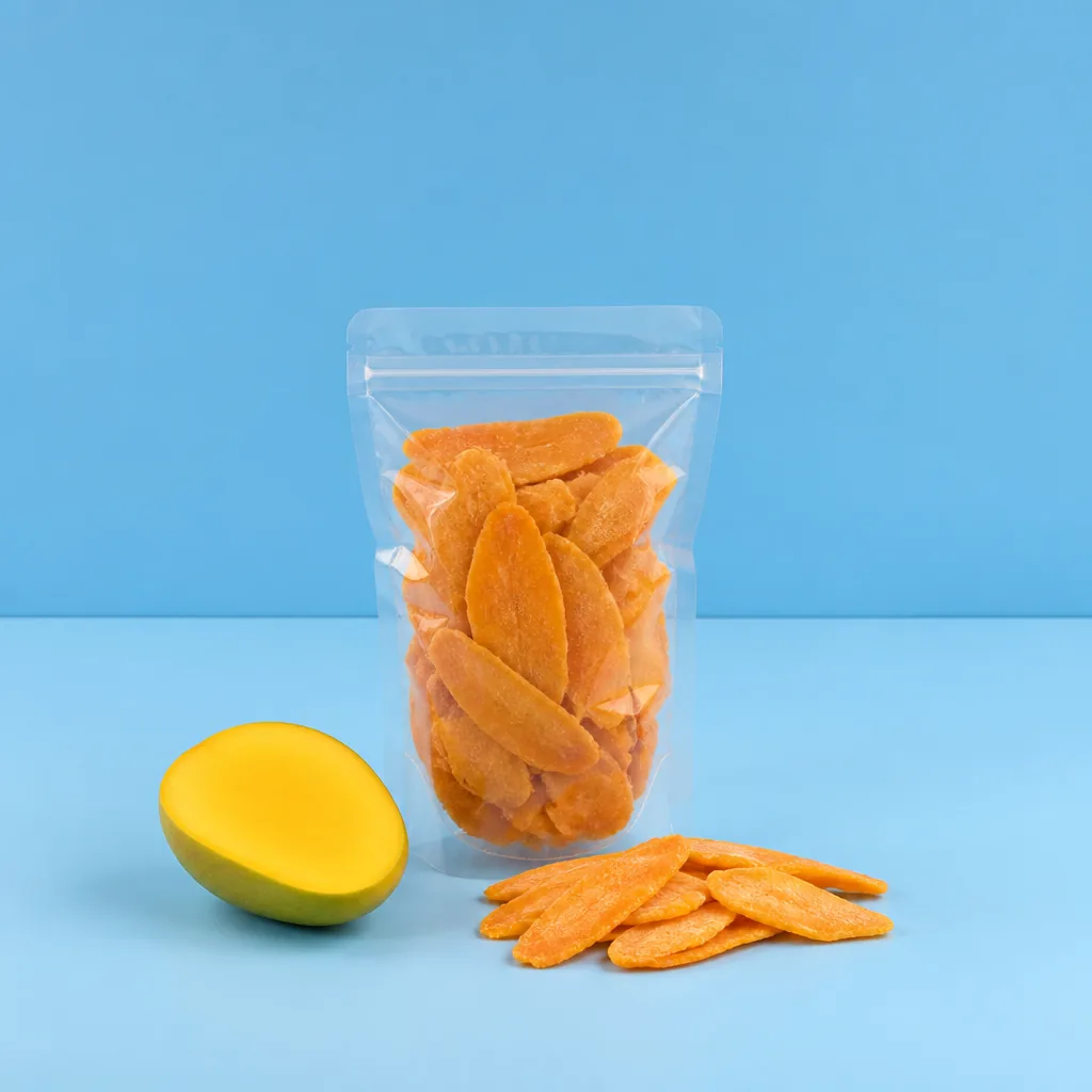 Mango felii, punga de 500 g lângă fructul proaspăt, ca să se vadă cât înseamnă
